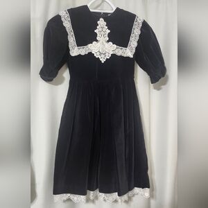Charming Black Velvet Kids Dress with Lace Trim